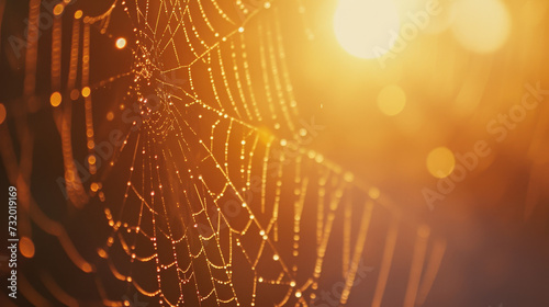 Spider web with dew, golden hour
