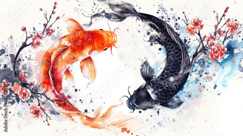 Koi carp ying yang fish with flower and waves asian concept art