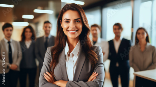 Smiling attractive confident professional woman posing at her business office with her coworkers and employees in the background