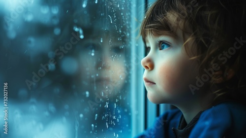 Close-up portrait of a contemplative child gazing through a rain-streaked window. The concept conveys the emotional depth of children in orphanages, evoking a deep sense of loneliness.