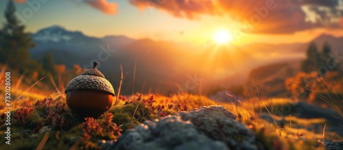 At sunset, an acorn rests on a rock amidst natural landscape, under a sky filled with cumulus clouds, creating a tranquil landscape.