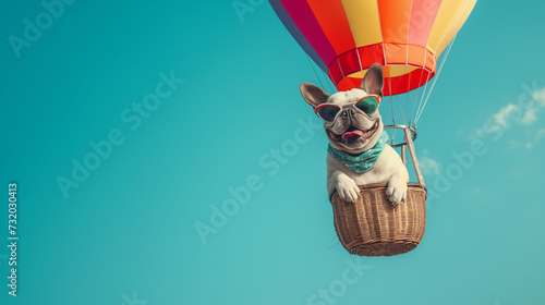 cute french bulldog wearing sunglasses on hot air balloon