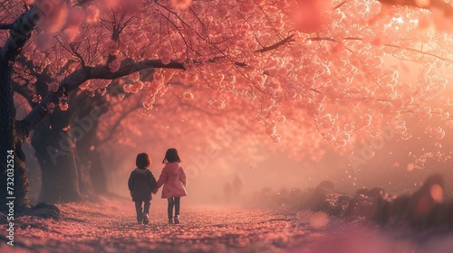  A cute couple of children walks along an alley surrounded by cherry blossoms with petals gently falling in the air. Concept: feelings and dating illustration