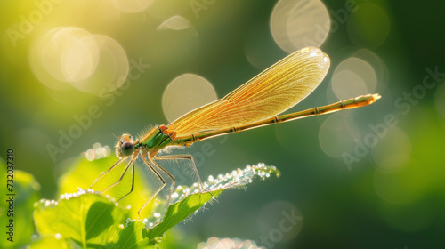 The translucent wings of a damselfly delicately ed and glowing golden in the sunlight.