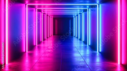 Futuristic neon tunnel with blue and pink lights, creating an abstract and modern virtual reality space