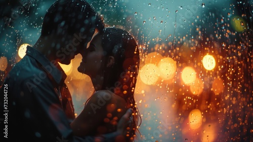 Simple yet evocative image of a couple embracing tenderly amidst the raindrops