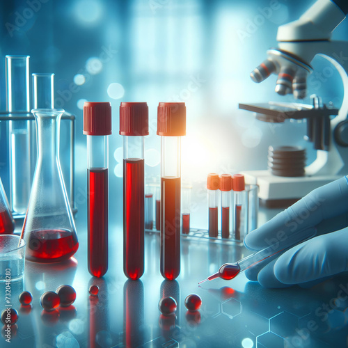 test tubes with blood sample on blurred medical laboratory background