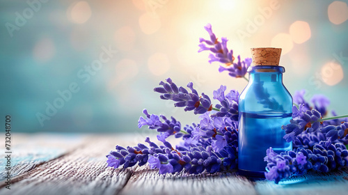 Lavender aromatherapy essentials on a wooden background, promoting wellness and relaxation in a spa setting