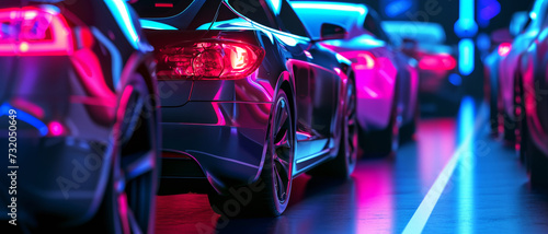 Neon-lit night scene, sports cars line the street in a futuristic urban showcase