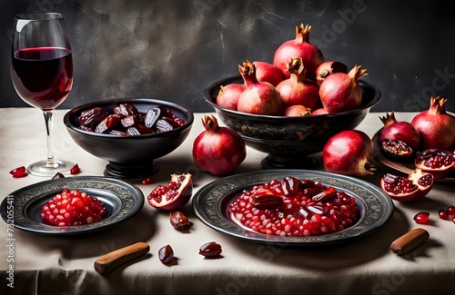 Palm dates fruit and some pomegranate with a glass & jug of juice on a wooden table for Iftar. Ramadan Kareem. Islamic background. Copy space.