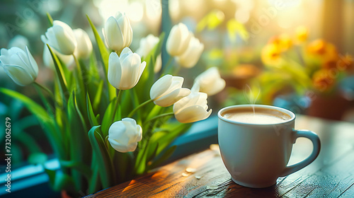 Morning coffee with spring tulips on a wooden table, blending the beauty of nature with a daily ritual