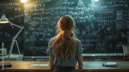 Back view of a young woman pondering complex mathematical and scientific equations on a blackboard in a classroom.