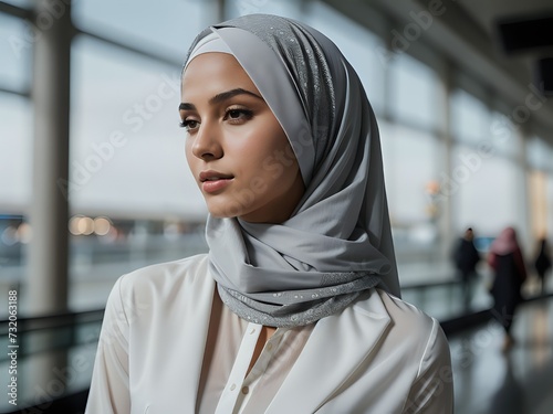 A Beautiful muslim woman wearing hijab professional in casual dress in an Airport. Islamic Religious Concept.