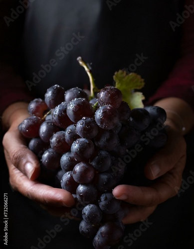 MÃOS MASCULINAS DE UM ENÓLOGO SEGURANDO UMA CACHO DE UVAS