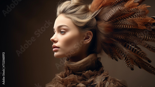 Portrait einer Frau mit braunen Federn als Haarschmuck. Profil. Illustration vor dunklem Hintergrund