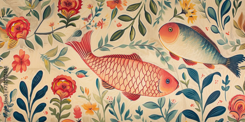 Seamless pattern of illustration of a fish swimming among vibrant vintage background.