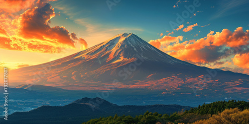 Mt. Fuji, mount Fuji-san tallest volcano mountain in Tokyo, Japan. Snow capped peak, conical sacred symbol, purple, orange sunset nature landscape backdrop background wallpaper, travel destination