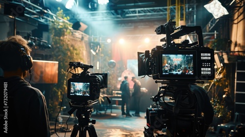 Crew members are captured in action on the bustling set of a live television production, surrounded by professional cameras and lighting..