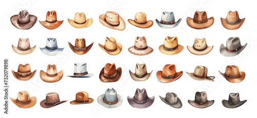 Male hats cowboy style collection. Cowboys head accessories, wild west hat watercolor set. Isolated fashion icons, vector clipart