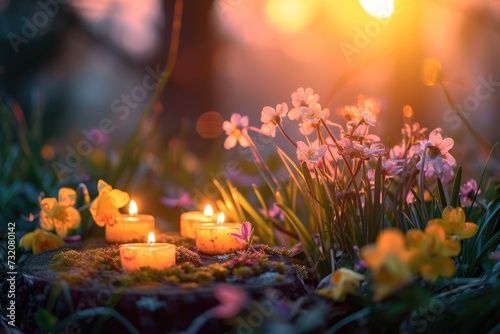 A serene spring equinox arrangement featuring lit candles among fresh blossoms with a soft sunset glow in the background symbolizing peace and renewal