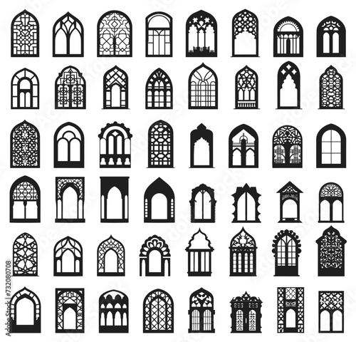 Oriental windows silhouettes. Islamic mosque window shapes, arabic arch turkish gates, shapely ornamental arab frames ornaments