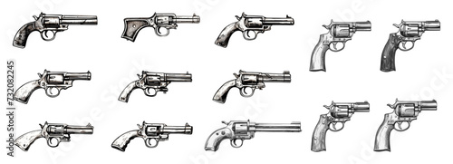 Vintage guns sketch objects. Isolated gun, revolver, colt. Wild west cowboy weapons collection. Self-defense and crime, retro decorative vector elements