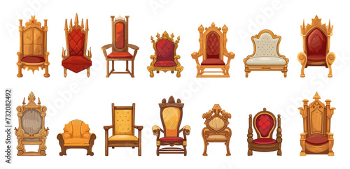 Wooden royal thrones. Isolated throne and chair with red fabric. Chairs for queen and king, princess or prince. Kingdom palace furniture vector set