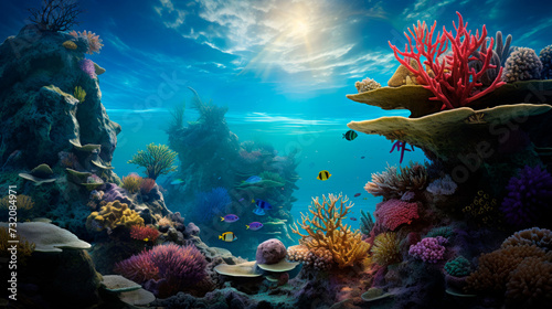 A panoramic underwater scene with rays of sunlight piercing through the water, illuminating the rich diversity of the coral reef and the teeming marine life, symbolizing hope and the sustaining power
