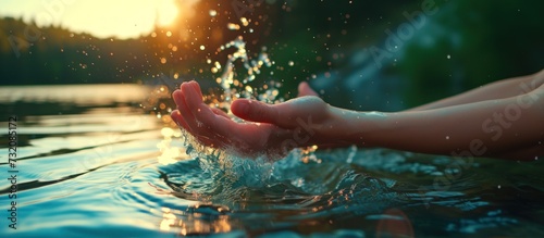 Female hand holding splash fresh pure water in the river or lake. AI generated image