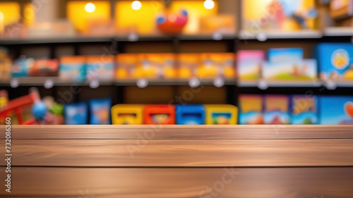 Empty wooden table top with blur background of toy store. Generated with AI