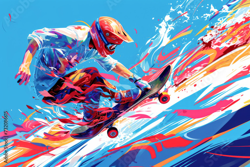 Skater in action on the court over blue, white and red background. Paris 2024. Sport illustration.