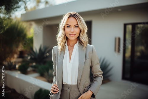 Confident female american real estate agent standing outside modern home, ready to assist buyers