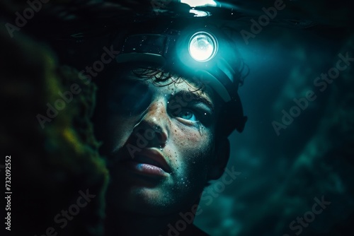 A lone explorer delves into the mysterious depths of the reef, his determined face illuminated by the eerie glow of his headlamp, braving the dark unknown of the underwater world