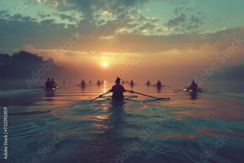 As the sun sets on the calm lake, a group of people paddle their boat, riding the waves and embracing the outdoor sport of rowing under the colorful sky