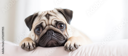 Sad little pug dog on sofa. Banner, isolated on white background. Copy space