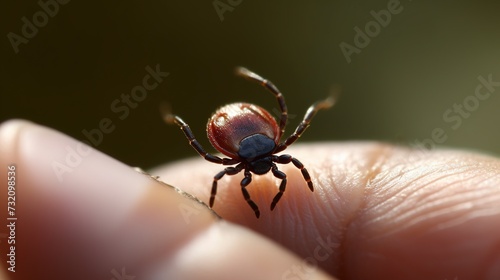 closeup of a small dangerous tick, tiny parasite insect on human skin