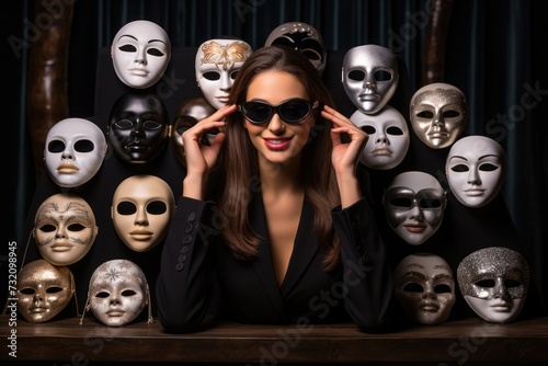 Fake emotion, character roles, intricate interplay of masks, moods, psychological defense mechanisms performed role-playing, concealing false visage for defense, theater Psychology psychoanalysis. 