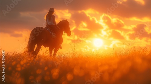 Person Riding Horse in Field at Sunset