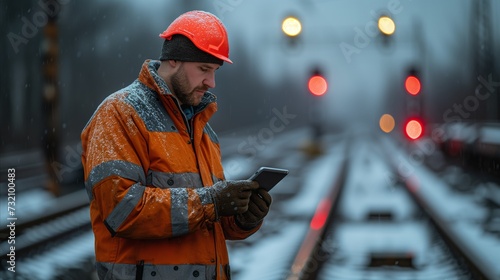 Railway Worker Checking Phone on Snowy Evening