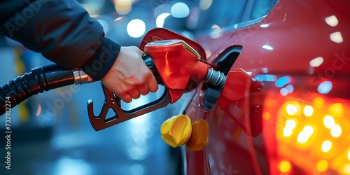 Close-up of man refueling car with gasoline at gas station