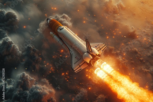 A majestic spacecraft propels itself into the unknown depths of outer space, leaving a trail of smoke and fire in its wake as it transports passengers to new frontiers