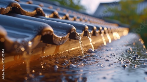 Close-up of shiny rainwater gutter, blurred roof tiles behind