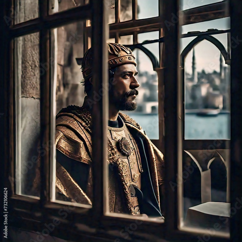 Fantasy portrait of a medieval byzantine king in the window of the castle looking at modern Istanbul city. anachronistic historical concept