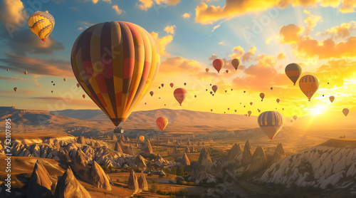 Hot air balloons flying over spectacular Cappadocia.Turkey