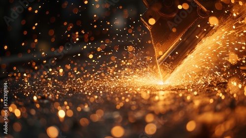 Sparks flying from metal cutting, dark workshop scene