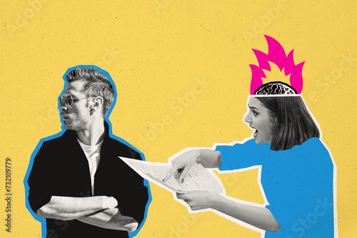 Creative collage illustration young coleagues partners relationship couple argue showing point document paperwork ignore yellow background