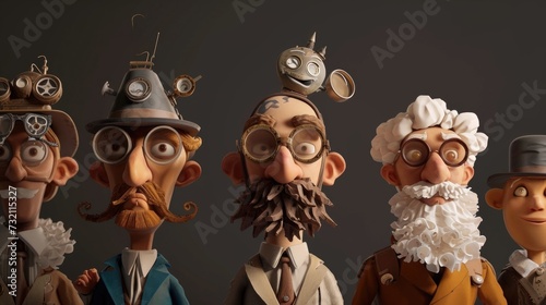 Cartoon digital avatar of a group of eccentric inventors from different backgrounds, each with their own unique style and inventions.