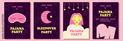 Set of invitations or posters for pajama party. Themed bachelorette party, sleepover or birthday party. Vector illustration