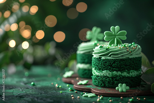 Decorated green cake with shamrock on blurred background with lights. Food for holidays. St Patrick's Day celebration. Restaurant, cafe, recipe, menu concept. Card, poster, banner with copy space