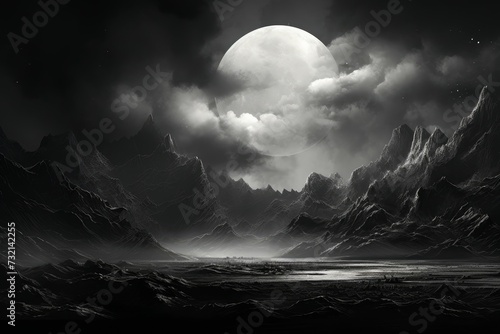 Luminous Monochrome big moon above the mountains. Night scenic landscape view of hills on dark sky. Generate ai